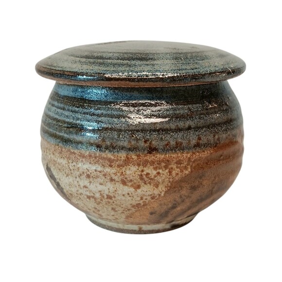 Sherwood Pottery Blue Lidded Jar Brown Swirl Jam Jar Or Trinket Box 3.5" x 2.5" - Picture 3 of 12
